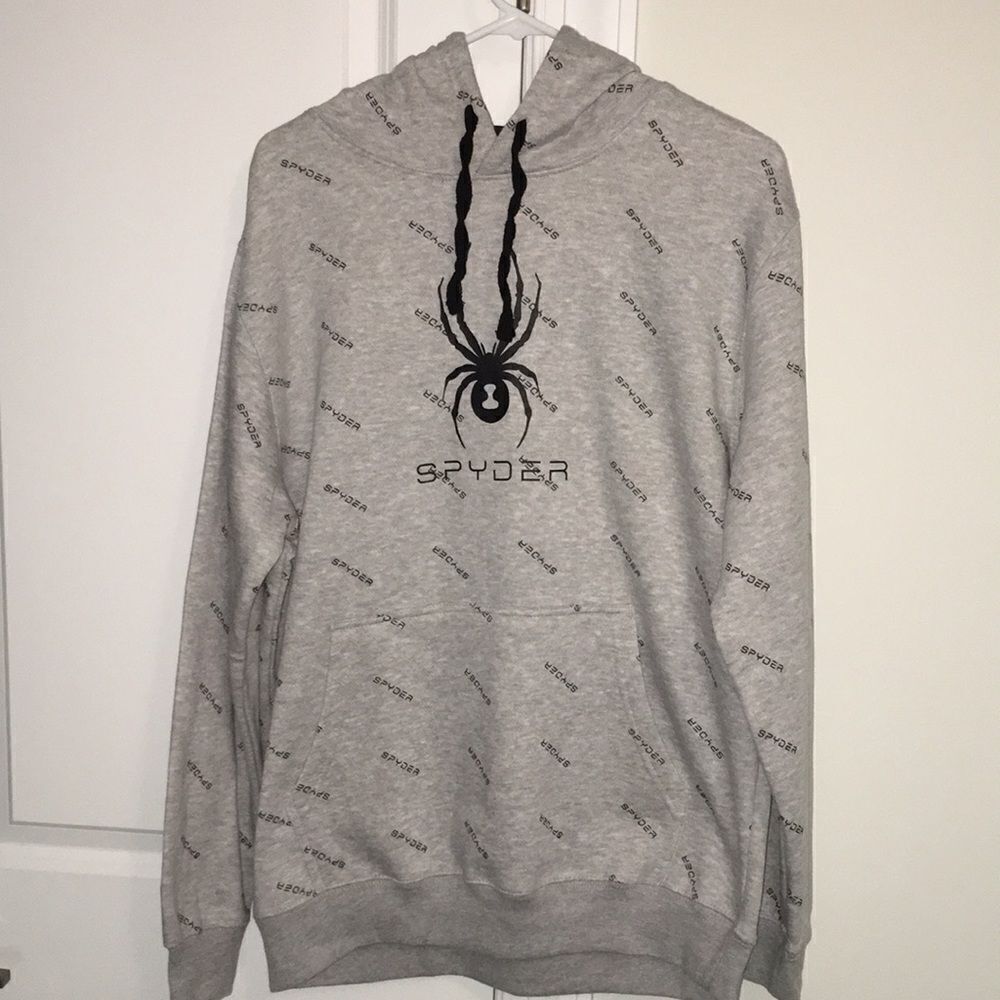 Gray BIG Spyder $69 mega print fleece ski Hooded Hoodie Sweatshirt jacket L